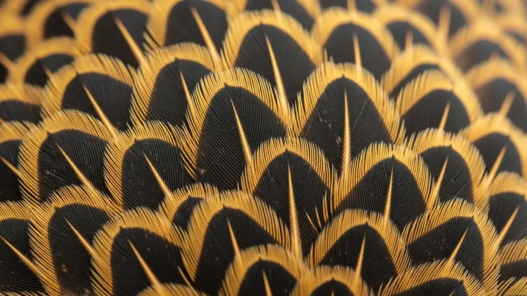 Extreme close-up of overlapping chicken feathers featuring a black "laced" pattern with vibrant golden-yellow edges and centers.