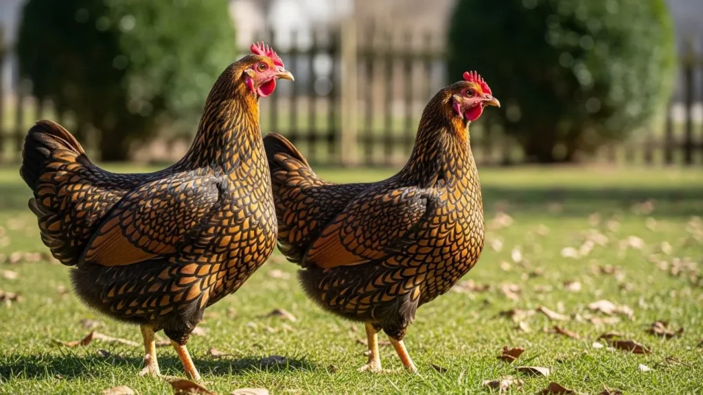 Two chickens with golden-brown and black patterned feathers stand on a grassy field with a blurred background.