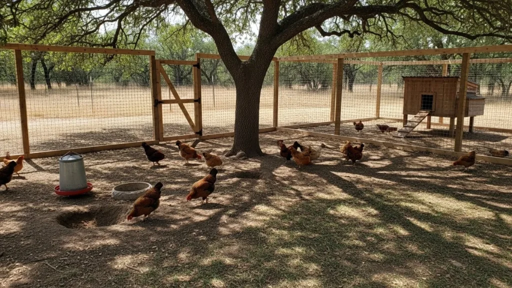 A group of chickens in a large, shaded wire-mesh outdoor run featuring a central tree and a small wooden coop.