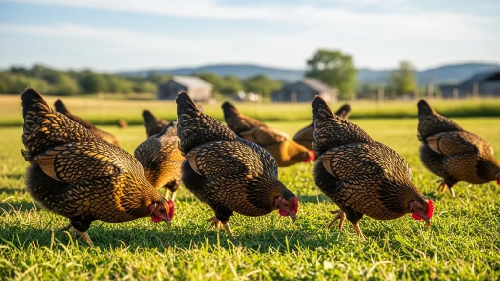 A flock of gold and black laced Wyandotte chickens foraging in a lush green pasture under a sunny sky.