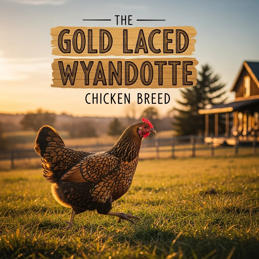 A Gold Laced Wyandotte hen standing in a grassy field at sunset with a wooden sign reading "The Gold Laced Wyandotte Chicken Breed".