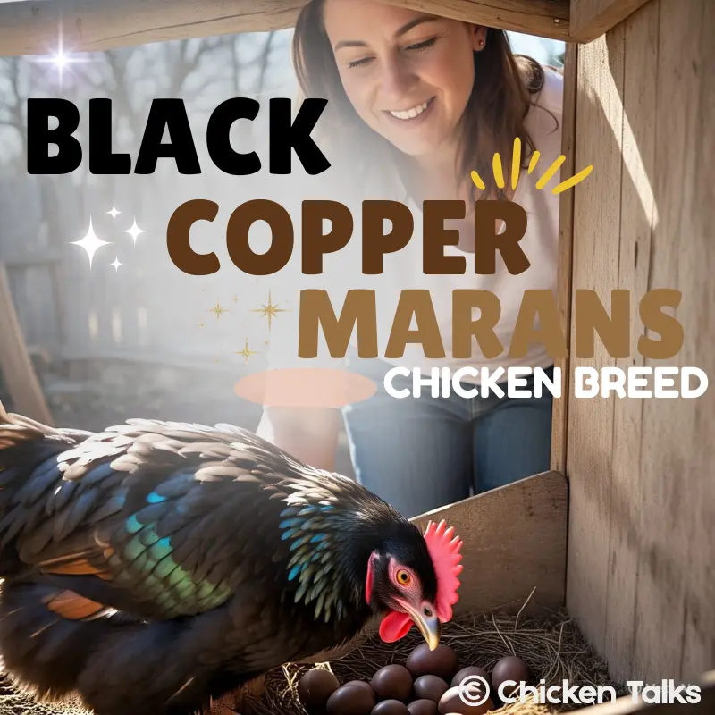 Black Copper Marans chicken breed in nesting box with dark chocolate brown eggs, woman smiling in chicken coop – premium egg-laying heritage breed