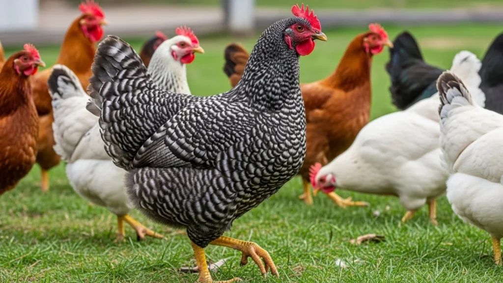 Barred Plymouth Rock chicken walking on grass among a mixed flock of brown and white chickens, showing its distinctive black-and-white barred plumage and red comb.