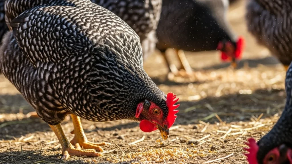 A barred rock chicken with black-and-white striped feathers pecks at grain on the ground in a sunlit farmyard, with other chickens softly blurred in the background.