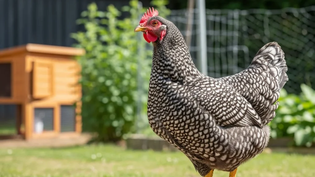 A barred rock chicken stands alert on green grass in a backyard, with a wooden chicken coop, wire fencing, and garden plants visible in the softly blurred background.