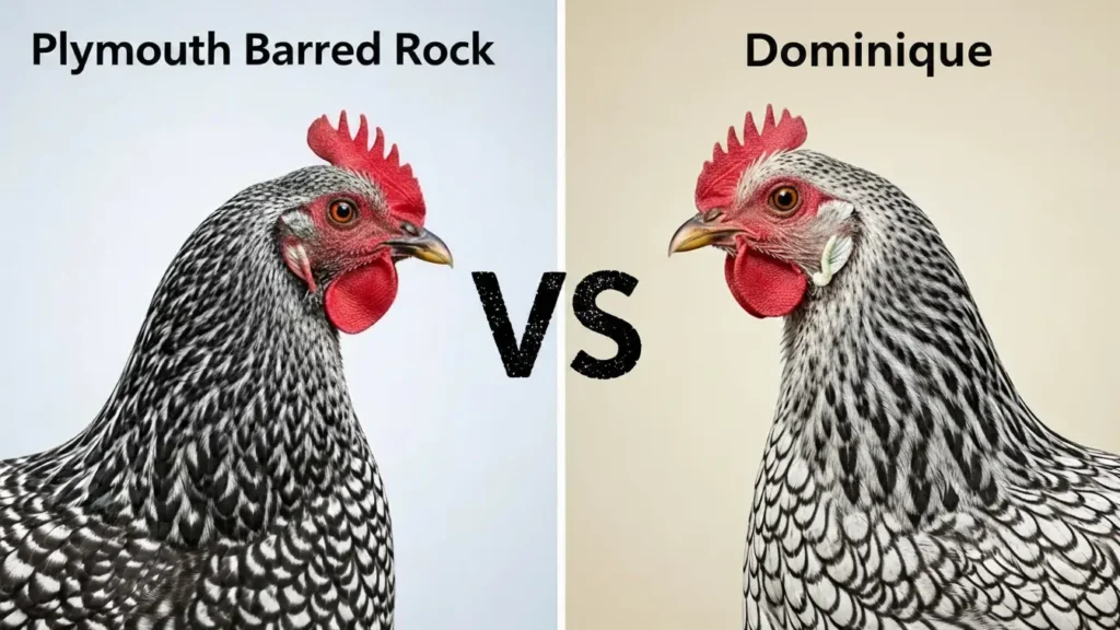 Side-by-side comparison of two barred chicken breeds: Plymouth Barred Rock on the left and Dominique on the right, showing similar black-and-white plumage with differences in head shape and comb, separated by ‘VS’ text