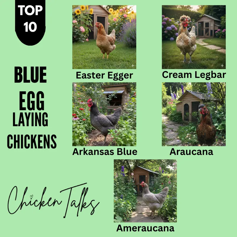 Top 10 blue egg-laying chickens are displayed in five photos: Easter Egger, Cream Legbar, Arkansas Blue, Araucana, and Ameraucana, set in gardens.