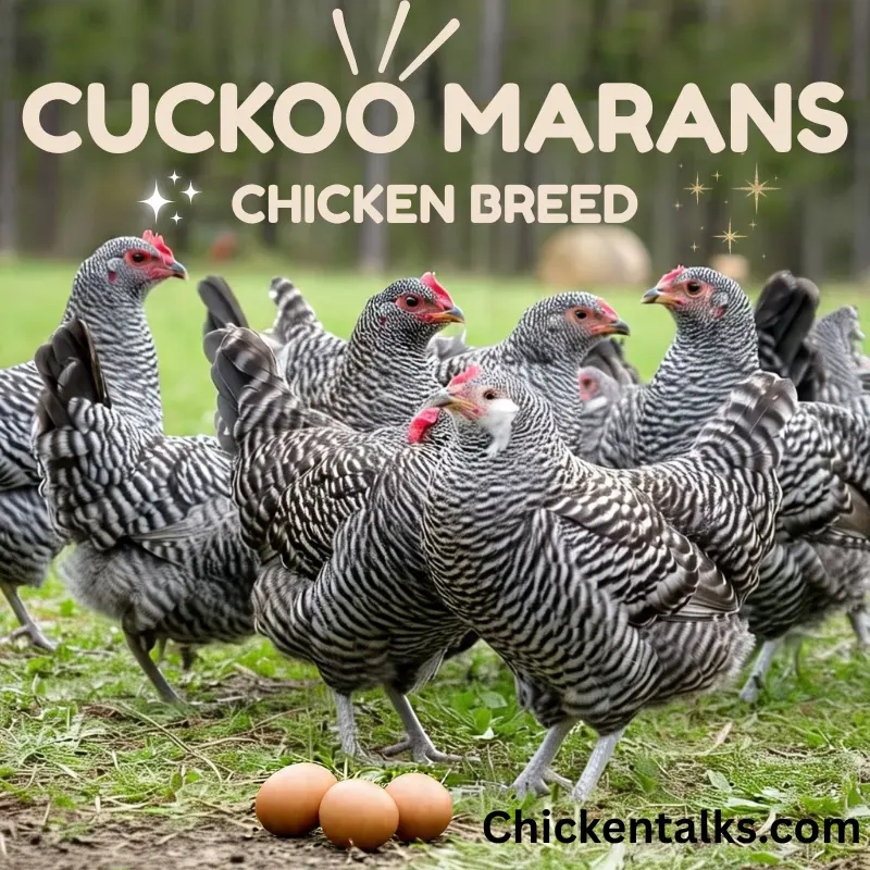 Cuckoo Marans chickens in a grassy outdoor setting with brown eggs in foreground – a popular dual-purpose chicken breed known for dark brown eggs and distinctive barred plumage. Image by Chickentalks.com.