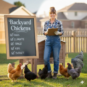 A woman in overalls stands next to a chalkboard listing "Eggs, Climate, Space, Kids, Budget" while chickens forage nearby.