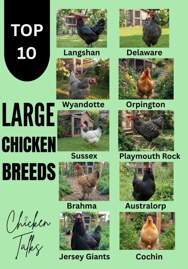 Grid of 10 images of large chicken breeds, including Langshan, Delaware, and Jersey Giants, featured on a light green background with "Top 10 Large Chicken Breeds" title.