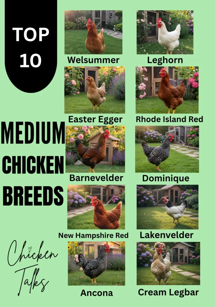 Top 10 medium chicken breeds collage with vibrant garden backgrounds. Includes Welsummer, Leghorn, Easter Egger, Rhode Island Red, and more.