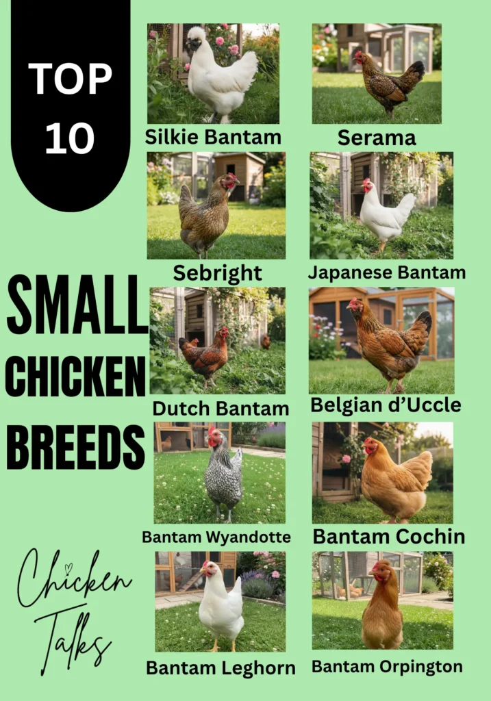 Top 10 small chicken breeds displayed, including Silkie Bantam, Serama, and others, each shown against a garden backdrop. Text "Small Chicken Breeds" on a mint-green background.