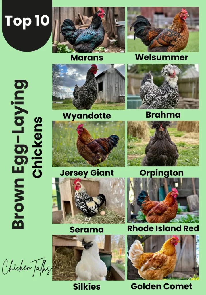 A collage titled "Top 10 Brown Egg-Laying Chickens" shows various breeds: Marans, Welsummer, Wyandotte, Brahma, Jersey Giant, Orpington, Serama, Rhode Island Red, Silkies, and Golden Comet. Each chicken is set in a farm environment, displaying diverse colors and feather patterns. The tone is informative and lively.