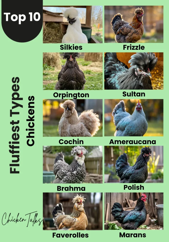 Alt text: "Graphic titled 'Top 10 Fluffiest Types of Chickens' shows images of various fluffy chicken breeds: Silkies, Frizzle, Orpington, Sultan, Cochin, Ameraucana, Brahma, Polish, Faverolles, and Marans. Each chicken is depicted in a natural setting, highlighting their fluffy feathers. The design has a playful and informative tone."