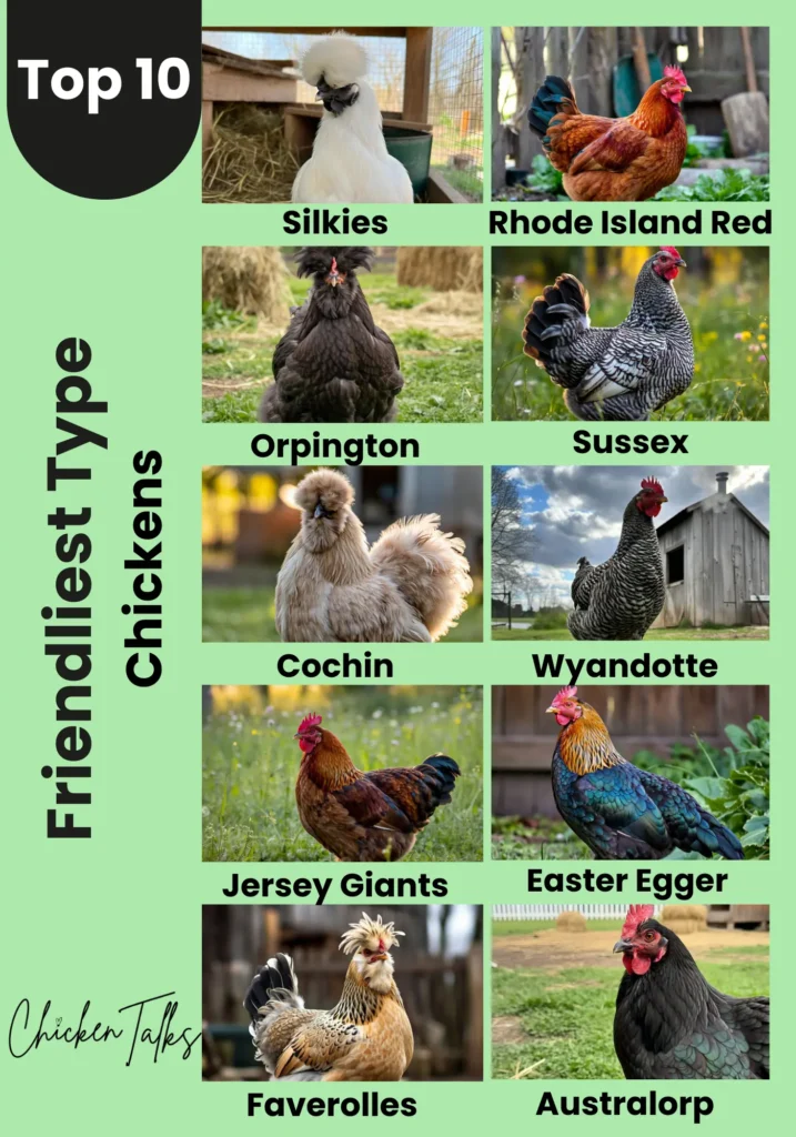 Top 10 Friendliest Chicken Breeds collage featuring Silkies, Rhode Island Red, Orpington, Sussex, Cochin, Wyandotte, Jersey Giants, Easter Egger, Faverolles, and Australorp, each shown in a natural setting. Green background, lively tone.