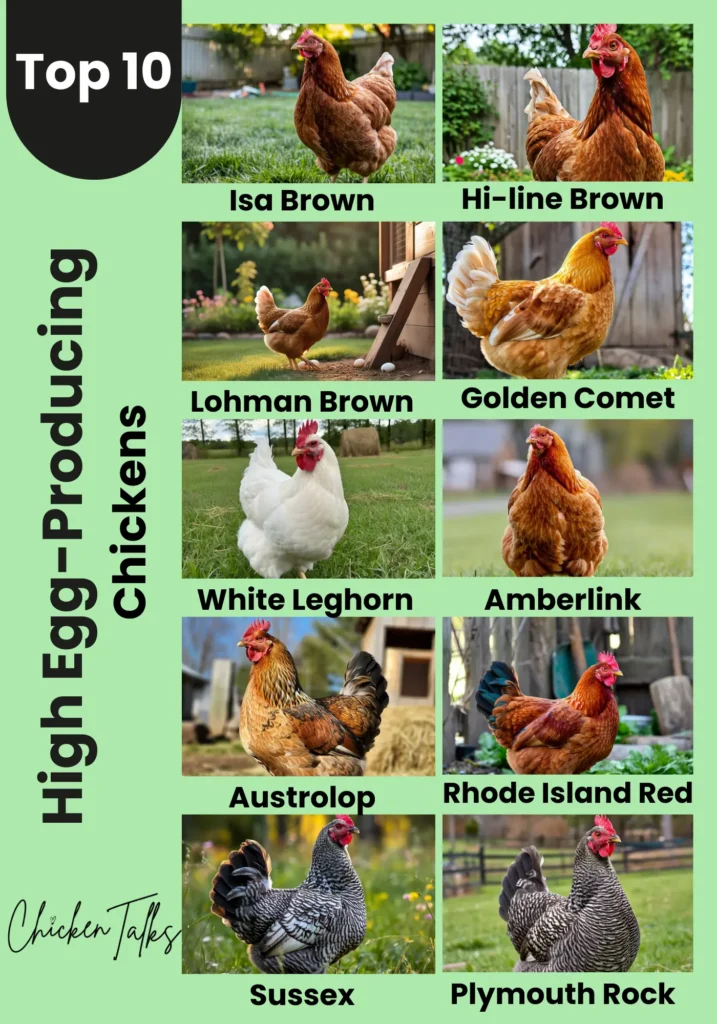 Alt text: "Collage titled 'Top 10 High Egg-Producing Chickens' featuring various chicken breeds: Isa Brown, Hi-line Brown, Lohman Brown, Golden Comet, White Leghorn, Amberlink, Austrolorp, Rhode Island Red, Sussex, and Plymouth Rock. Each chicken is pictured on grass or near a natural setting, conveying a sense of vitality and productivity. The design on a green background emphasizes diversity among high egg-producing breeds."