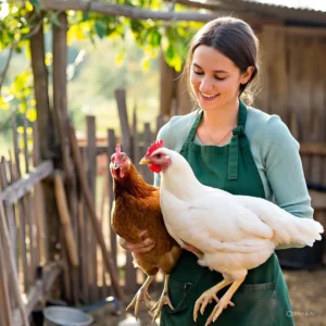 Smiling woman holding two different types of chickens in a backyard farm, showcasing friendly chicken breeds for beginners.
