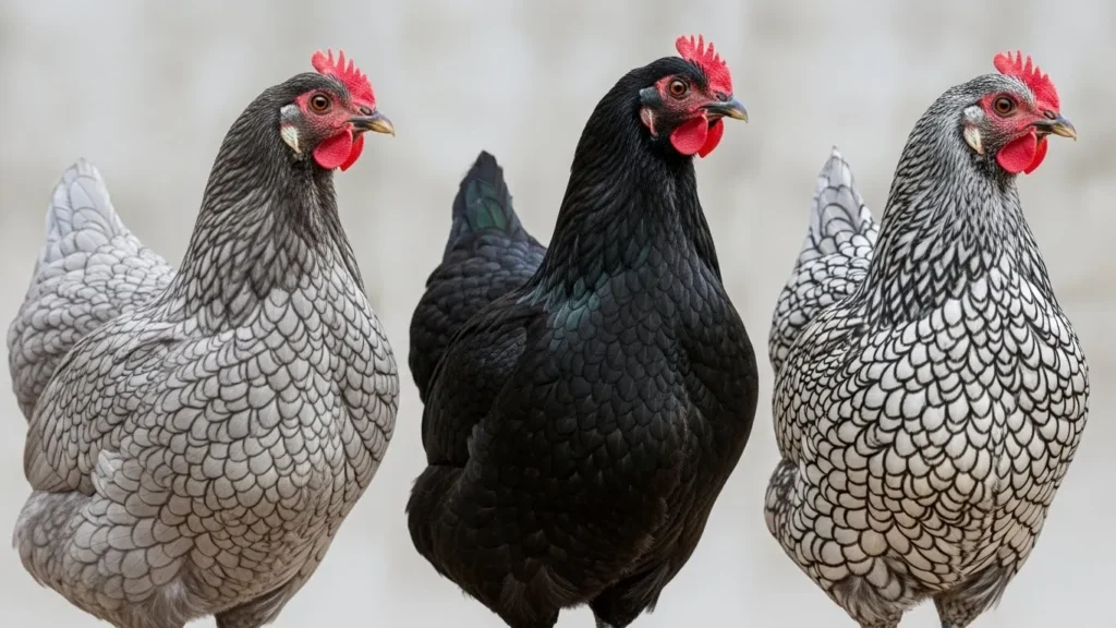 Three chickens standing side-by-side, displaying different feather patterns: grey-laced, solid black, and white-laced.