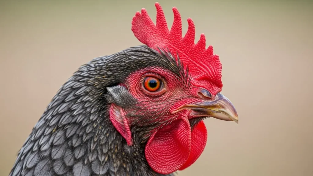 An extreme close-up of a chicken's head, highlighting its bright red comb, orange eye, and detailed grey and white plumage