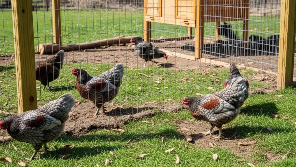 Blue Laced Wyandotte chickens walking inside a fenced outdoor run