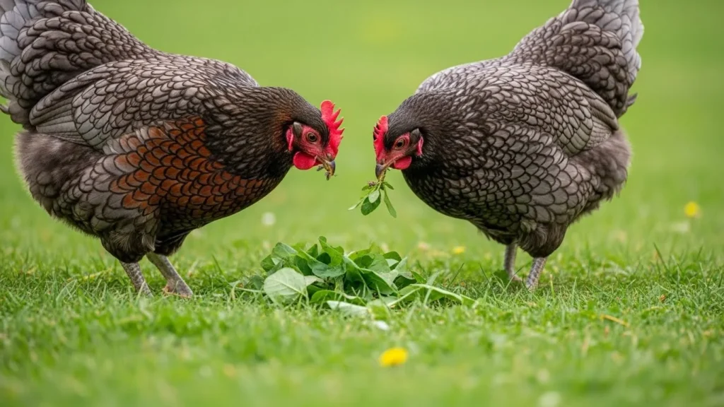 Two Blue Laced Red Wyandotte chickens standing face-to-face on a green lawn, both pecking at a small pile of fresh leafy greens.