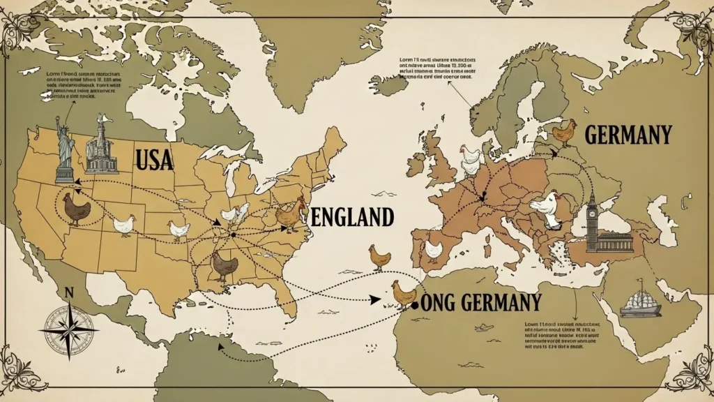 An antique-style world map featuring dotted flight paths and chicken icons illustrating a global migration or export route between the USA, England, and Germany.