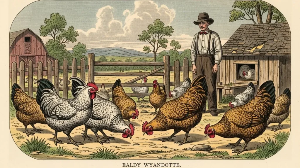A vintage-style illustration of a farmer in a hat and suspenders standing in a farmyard surrounded by several Wyandotte chickens.