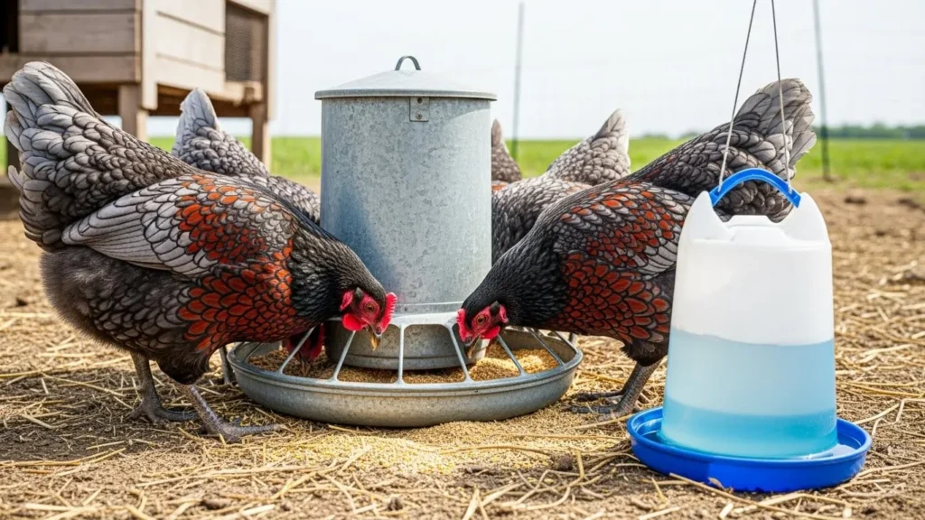 Blue Laced Wyandotte chickens eating feed and drinking water outdoors.