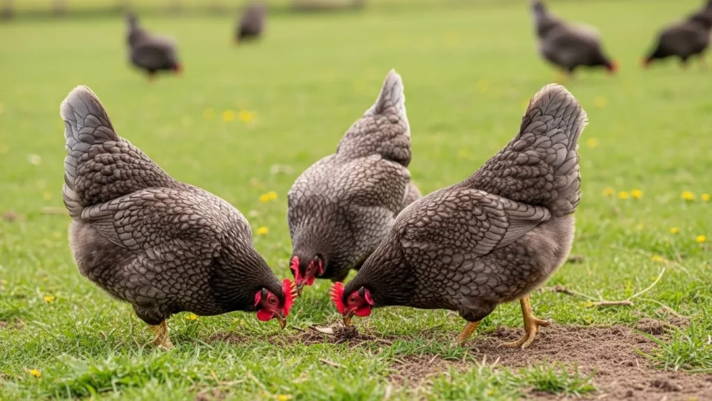 A wide shot of a flock of Blue Laced Red Wyandotte chickens foraging in a vibrant green meadow dotted with yellow dandelions and white clover under a bright sky.