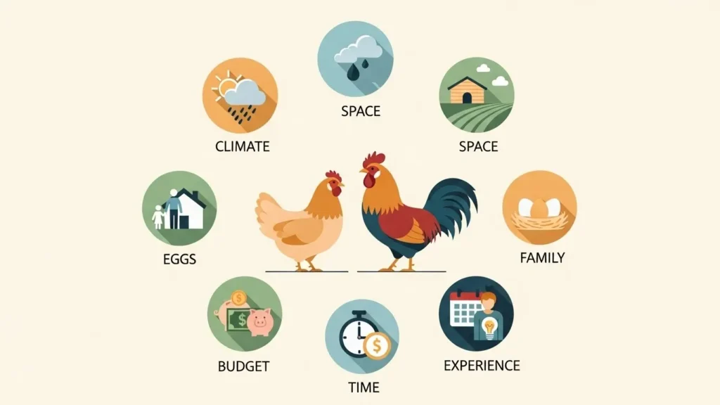 Circular diagram showing factors for choosing a breed: Climate, Space, Family, Experience, Time, Budget, and Eggs.