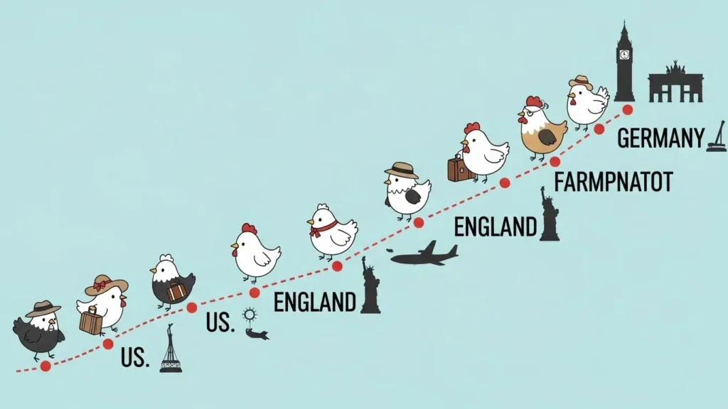 A whimsical infographic showing a line of cartoon chickens with suitcases and hats traveling along a dotted path from the U.S. to England and Germany.