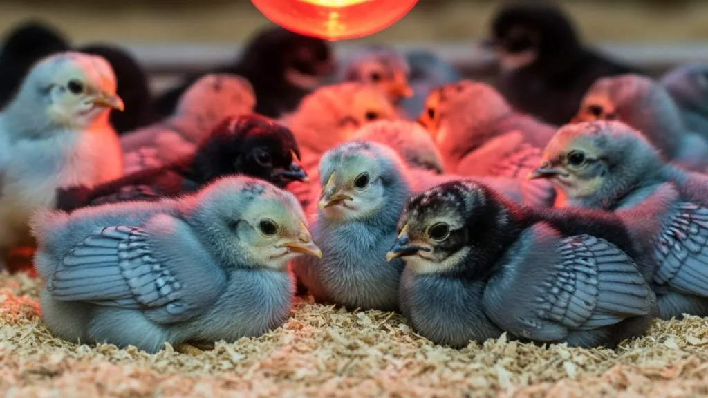 A group of fluffy Blue Laced Red Wyandotte chicks huddling together on wood shavings under the warm glow of a red heat lamp.
