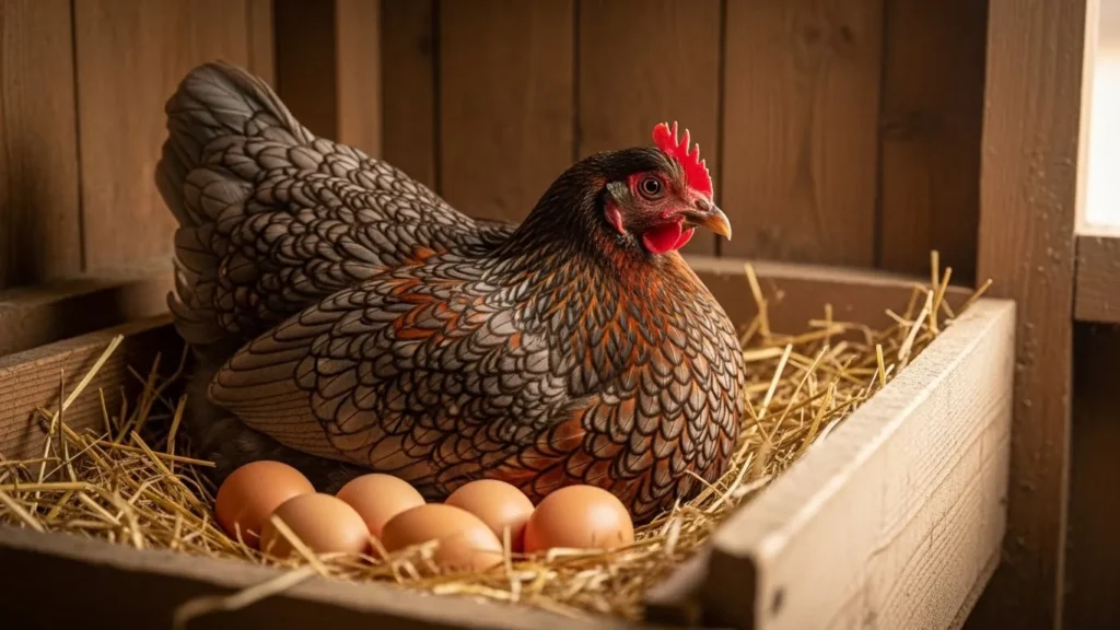 A Blue Laced Red Wyandotte hen sits nestled in a wooden nesting box filled with straw, tending to five light-brown eggs.