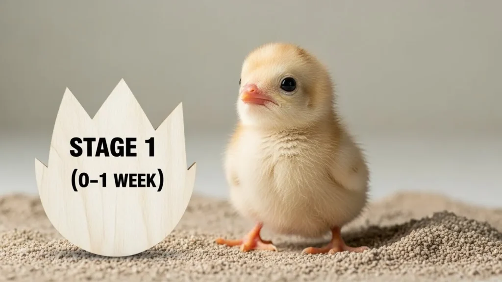 A fluffy, pale yellow chick stands on sandy ground next to a wooden cutout of a cracked eggshell that reads "STAGE 1 (0–1 WEEK)