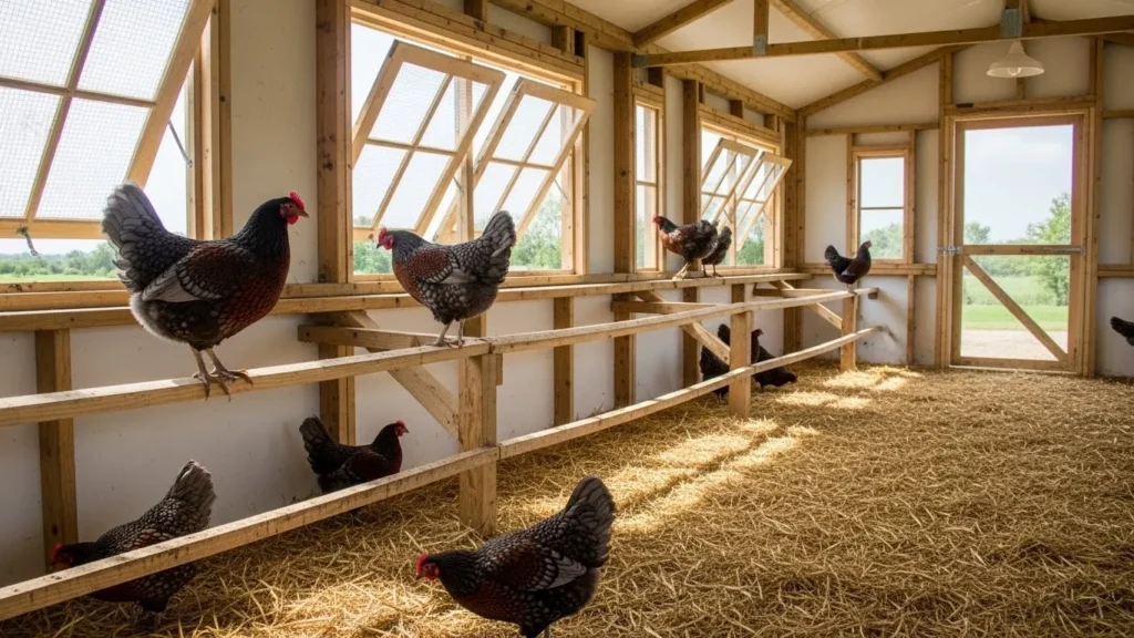 The interior of a bright, spacious wooden chicken coop with several Blue Laced Red Wyandotte chickens perched on timber roosts and standing on straw-covered floors.