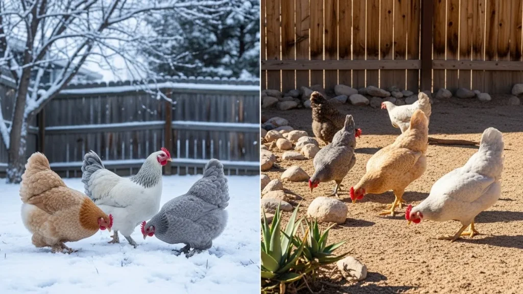 Split image showing chickens foraging in deep snow (left) versus chickens foraging in a dry, sandy desert environment (right).
