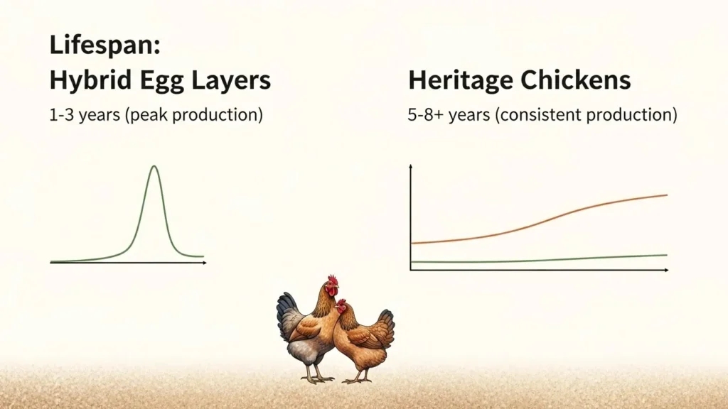 Graph comparing Hybrid Egg Layers (high initial production, short life) to Heritage Chickens (consistent production, 5–8+ year life).