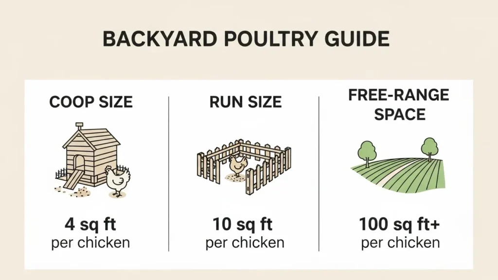Illustration comparing the minimum footprint of a coop, a run, and a large free-range area relative to human height.