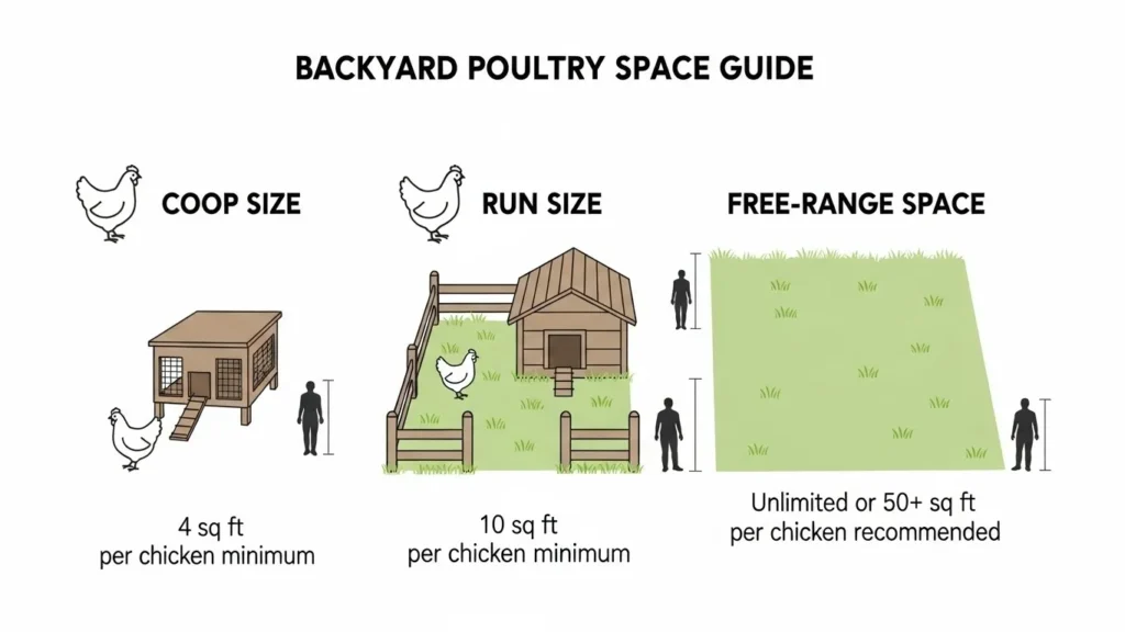 Illustration comparing the minimum footprint of a coop, a run, and a large free-range area relative to human height.