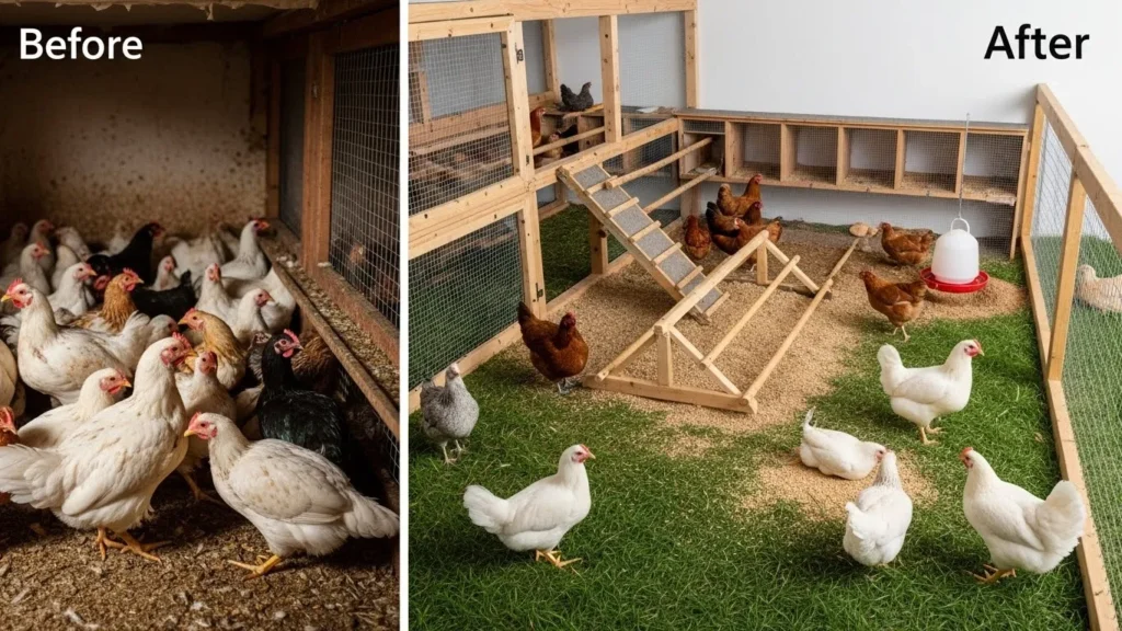 Comparison of a crowded, dark indoor coop (Before) versus a bright, spacious coop with clean grass and proper perches (After).
