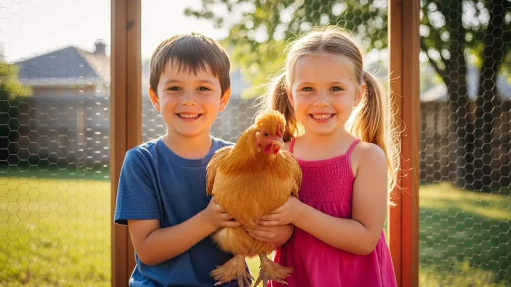 Two smiling young children standing in a sunlit backyard holding a fluffy orange chicken.