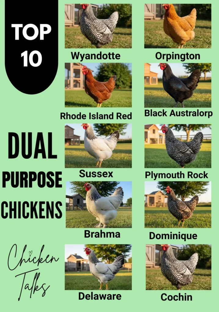 A chart titled "Top 10 Dual Purpose Chickens" on a green background features images of various chicken breeds: Wyandotte, Orpington, Rhode Island Red, Black Australorp, Sussex, Plymouth Rock, Brahma, Dominique, Delaware, and Cochin. Each chicken is pictured in a grassy area with clear skies, conveying a peaceful and informative tone.