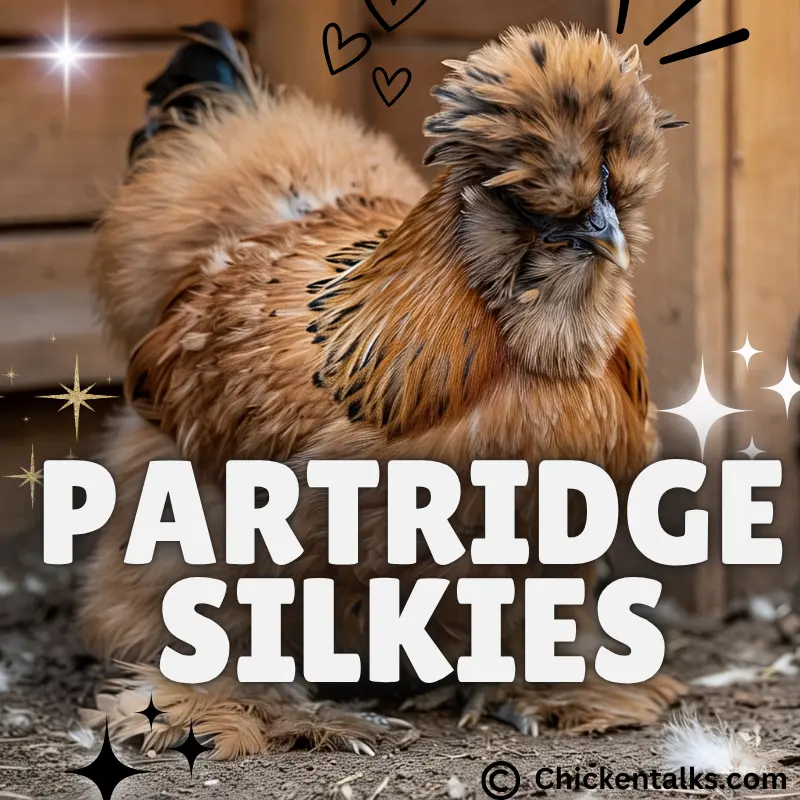 Partridge Silkie chicken with fluffy plumage standing on dirt near wooden coop