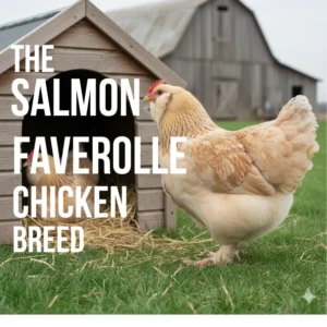 Salmon Faverolle chicken beside a wooden coop on green grass. Background shows a rustic barn. Overlay text reads: "The Salmon Faverolle Chicken Breed."