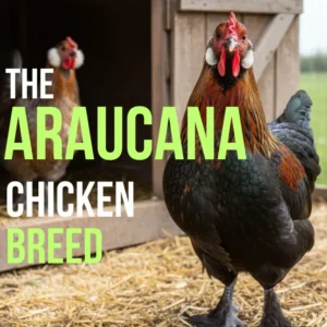 Close-up of an Araucana chicken with vibrant feathers near a coop entrance. Bold text reads, "The Araucana Chicken Breed." Warm, natural setting.